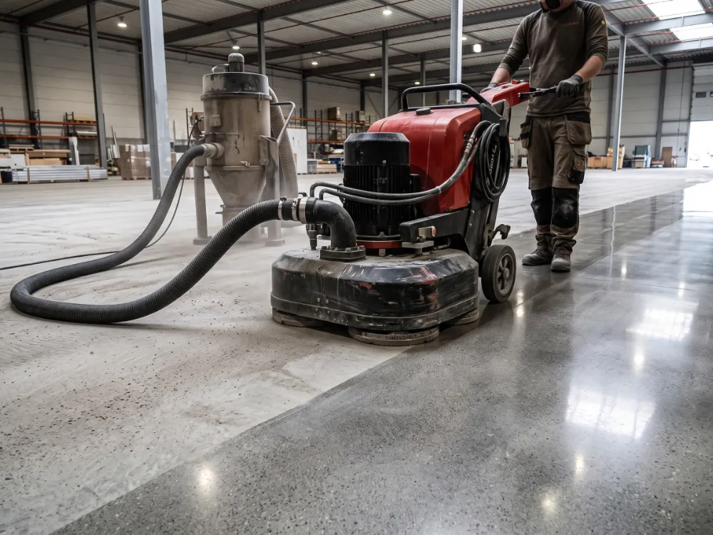 Planetary grinding machine with diamond tooling refining a warehouse floor to a sheen