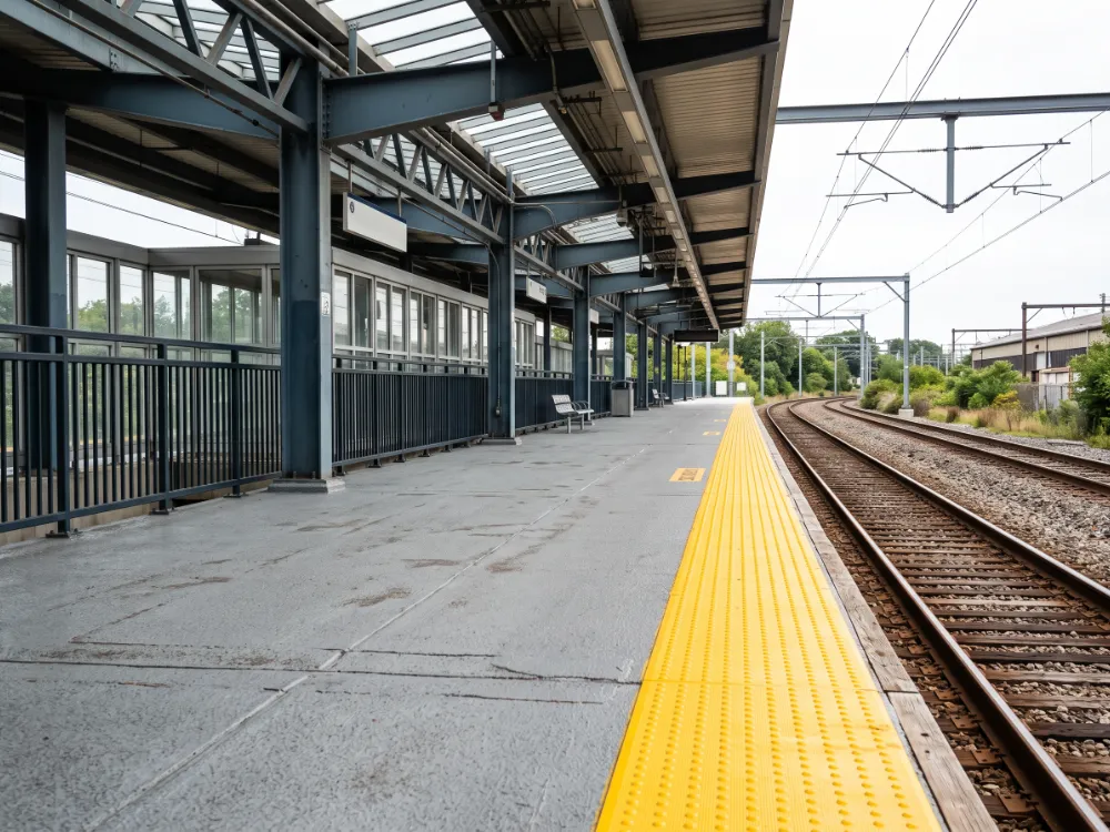 Train platform with a yellow tactile safety strip coated at the edge
