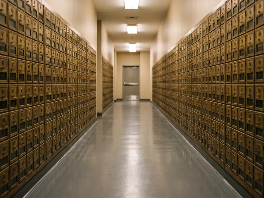Corridor of brass PO boxes with a seamless warm gray epoxy floor