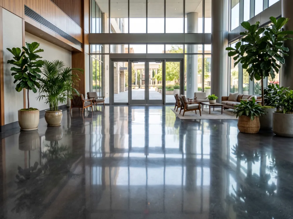 Hotel lobby with a densified polished concrete floor reflecting daylight and plants