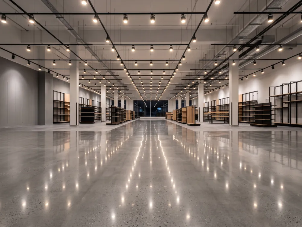 Retail space with a mirror-polished concrete floor reflecting track lighting