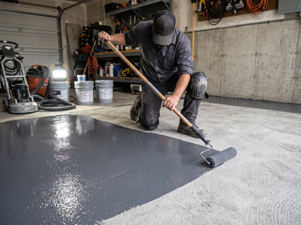 Installer rolling a pigmented polyaspartic basecoat over diamond-ground concrete