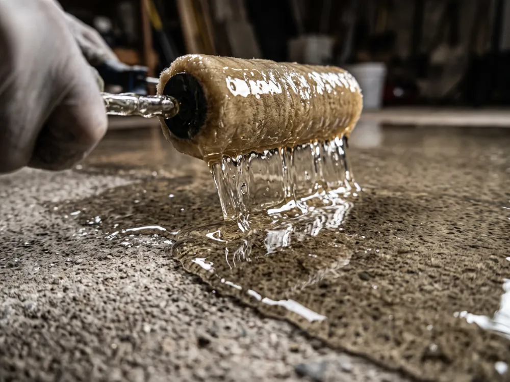 Glossy clear polyurea coating self-leveling off a roller onto concrete