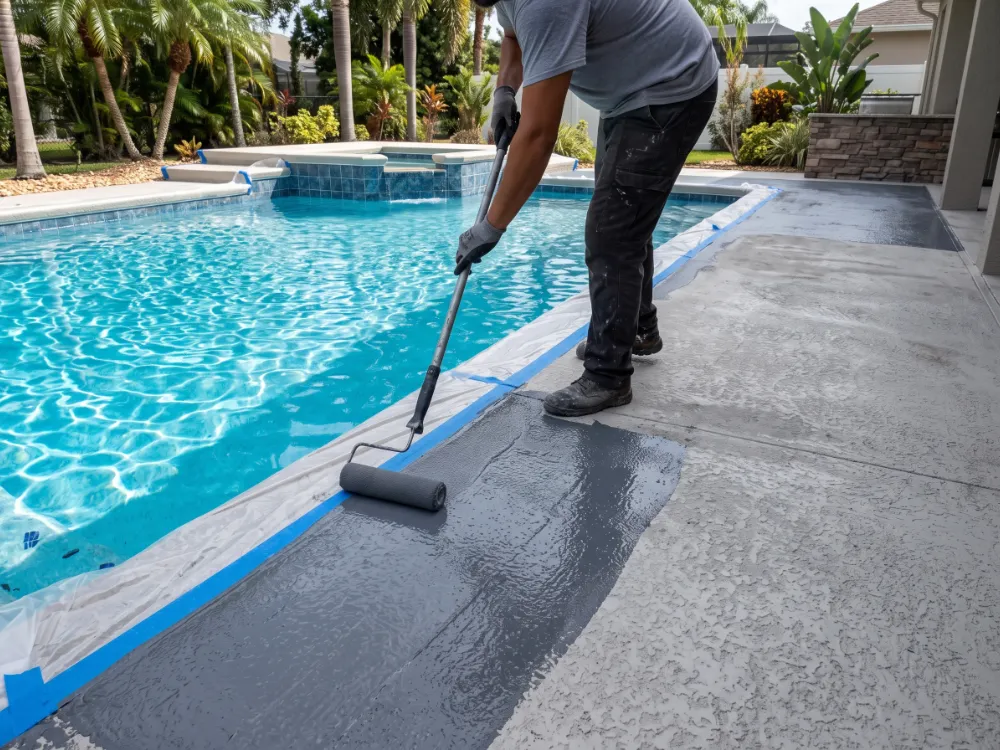 Installer rolling a pigmented basecoat onto a concrete pool deck beside taped pool coping