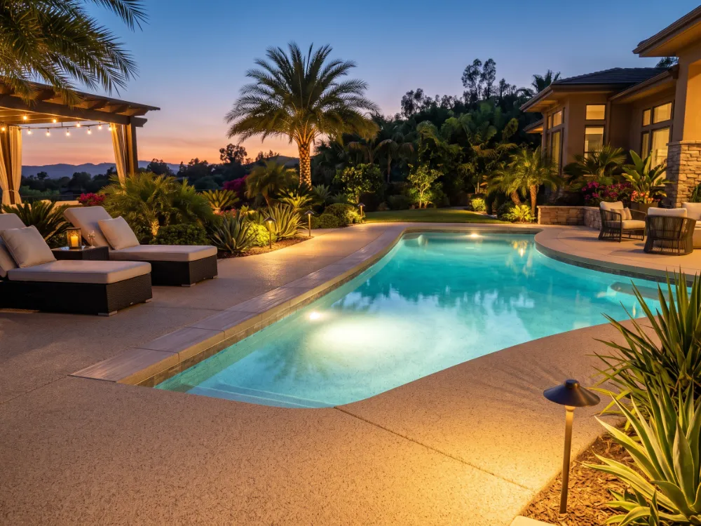Sand-tone flake pool deck at dusk with warm landscape lighting around a glowing pool