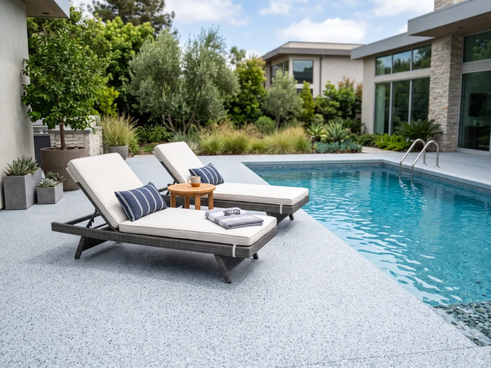 Lounge chairs and a table on a seamless light flake coated deck beside crisp blue water