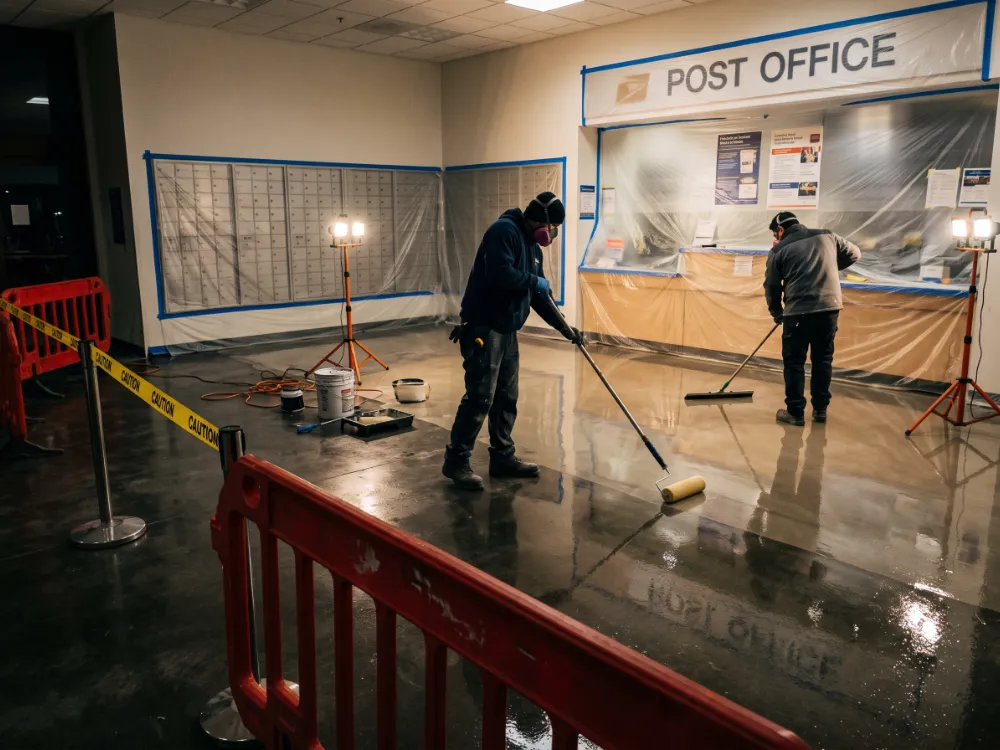 Technicians coating a post office lobby at night behind barriers