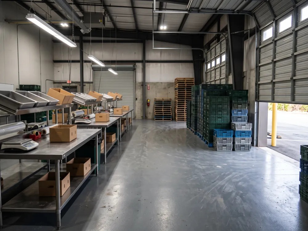 Produce packing area with a gray epoxy floor and stainless tables