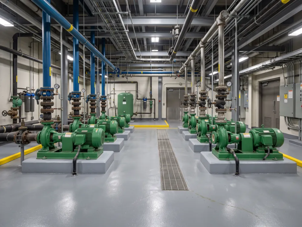 Pump room with a seamless epoxy floor sloping to a drain