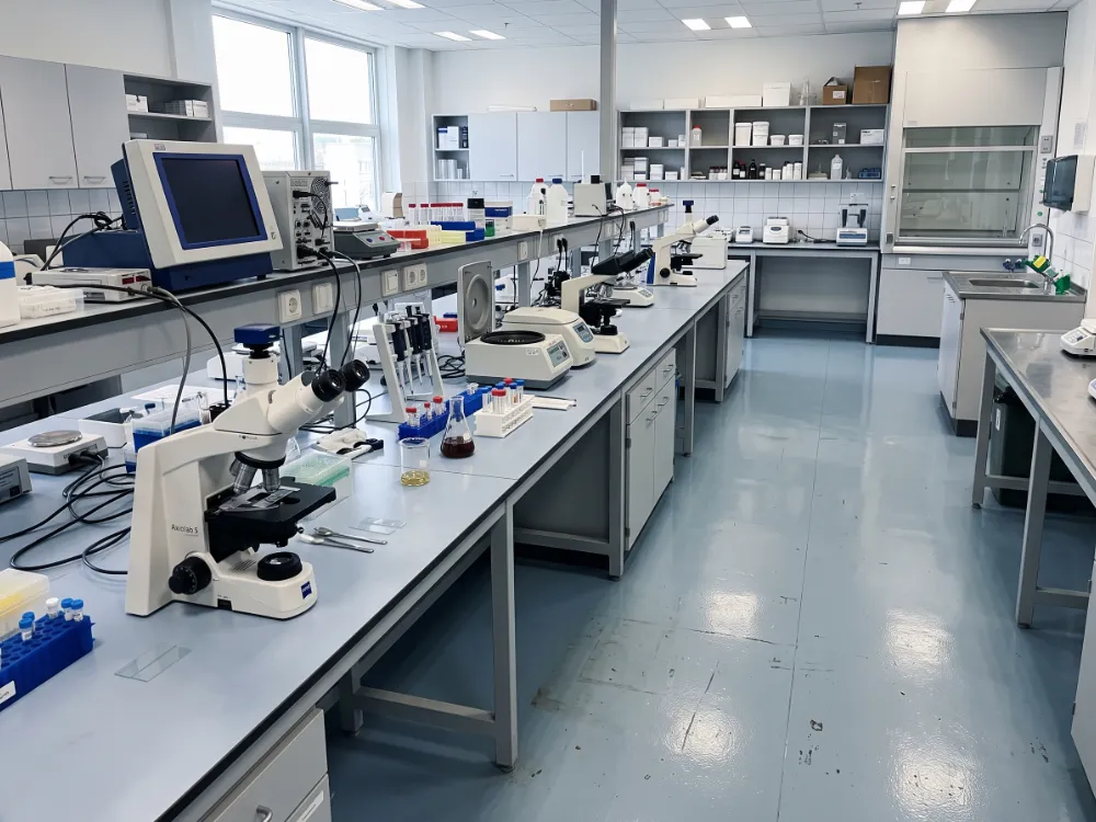 Quality control lab with a light blue-gray epoxy floor