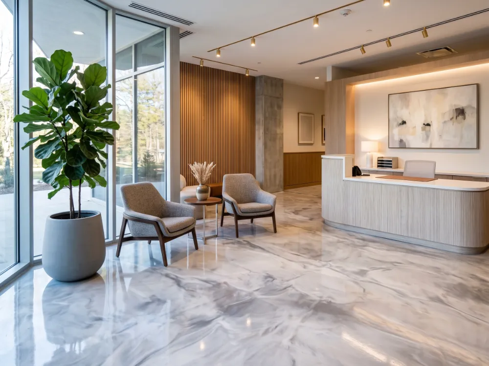 Office reception with a marbleized silver metallic epoxy floor