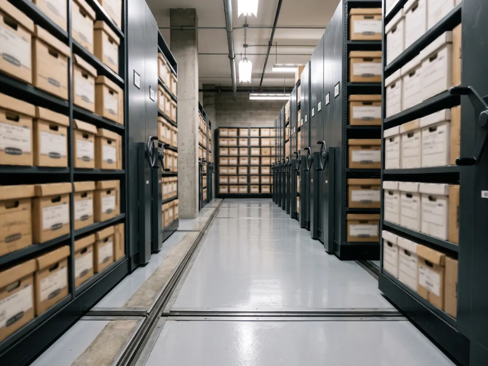 Records archive with rolling shelving on a sealed epoxy floor