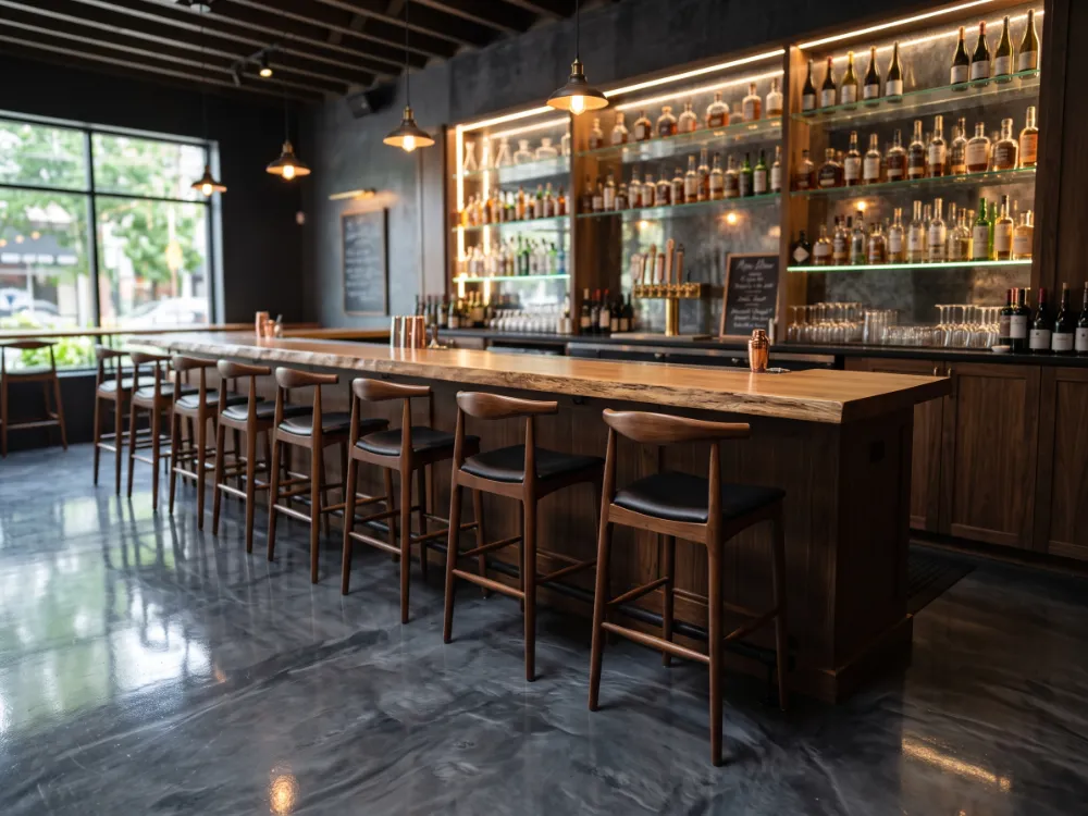 Restaurant bar area with a charcoal metallic epoxy floor in high gloss