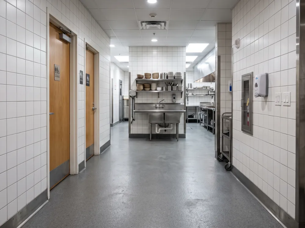 Restaurant service corridor with a seamless gray textured epoxy floor