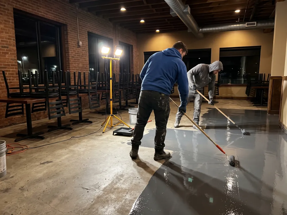 Crew coating a restaurant floor overnight with chairs stacked on tables