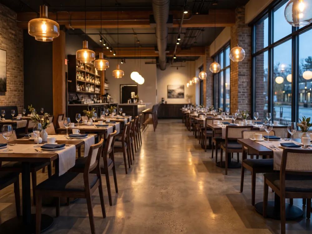 Restaurant dining area with a warm gray semi-polished concrete floor under pendant lights