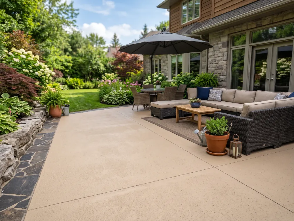 Resurfaced backyard patio with a new sand-tone coated finish replacing weathered concrete