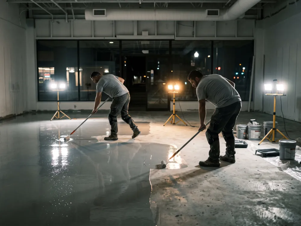 Crew rolling epoxy coating across a retail floor during an overnight installation