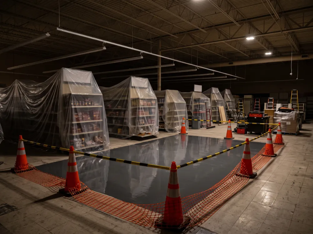 Cordoned retail floor section with fresh coating drying overnight