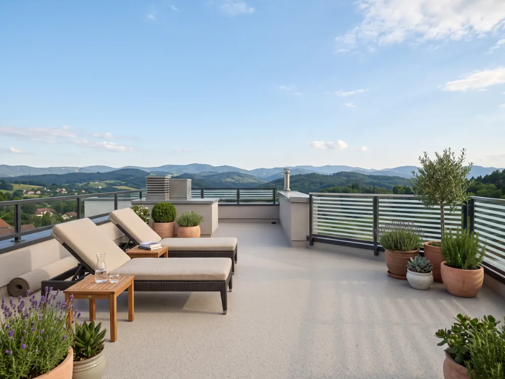 Rooftop deck with a light warm-gray flake waterproofing system, lounge chairs and plants