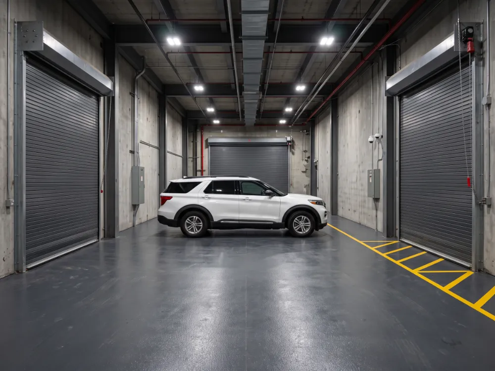 Vehicle sally port with a dark gray high-build epoxy floor