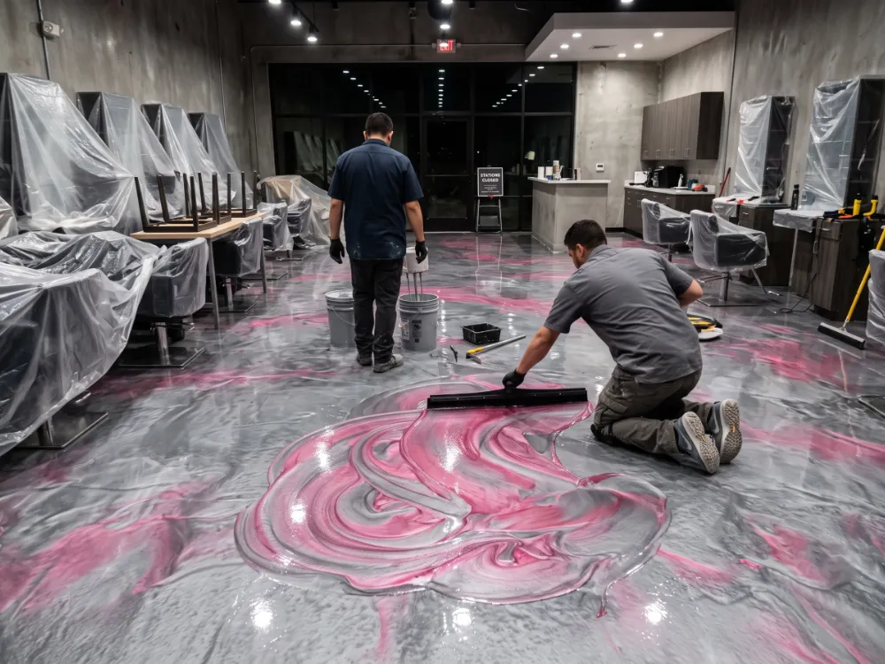 Technicians pouring pink metallic epoxy in a salon over a weekend