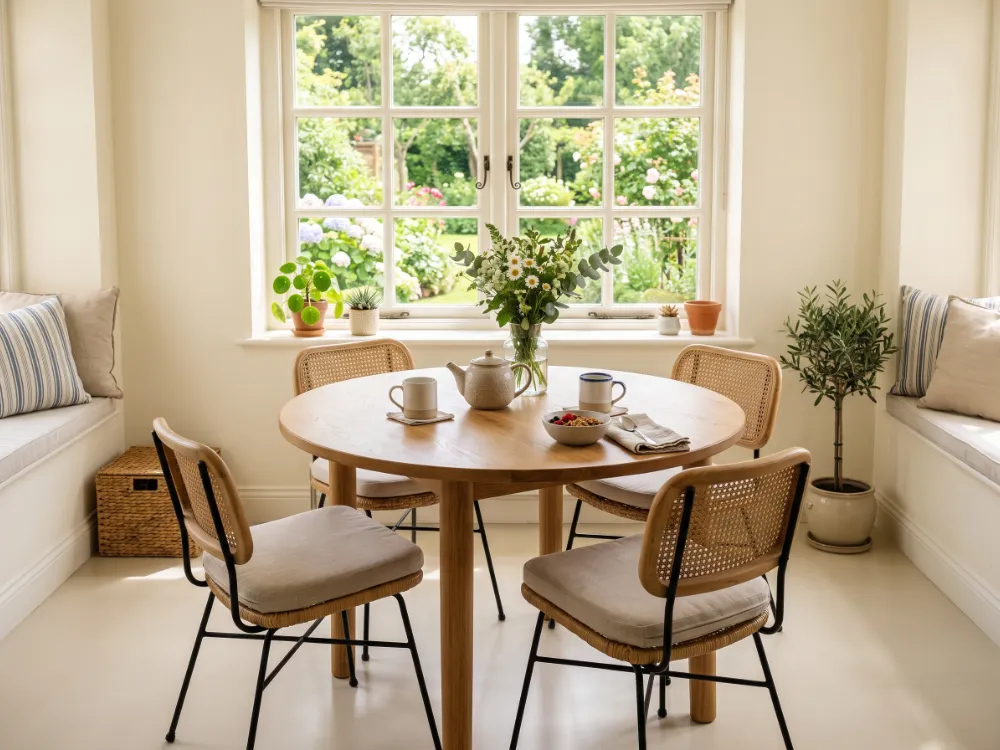Sunny breakfast nook with a satin-finish light epoxy floor and soft glare-free sheen