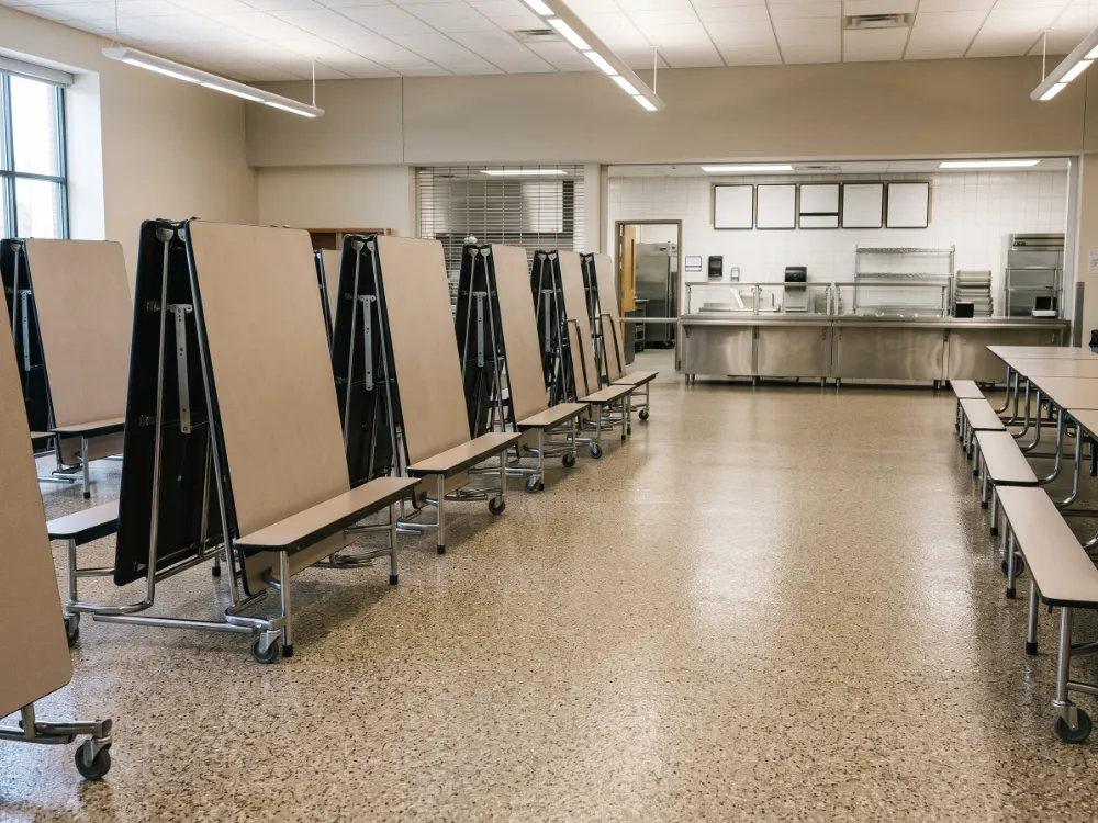 School cafeteria with a beige flake epoxy floor and folded lunch tables