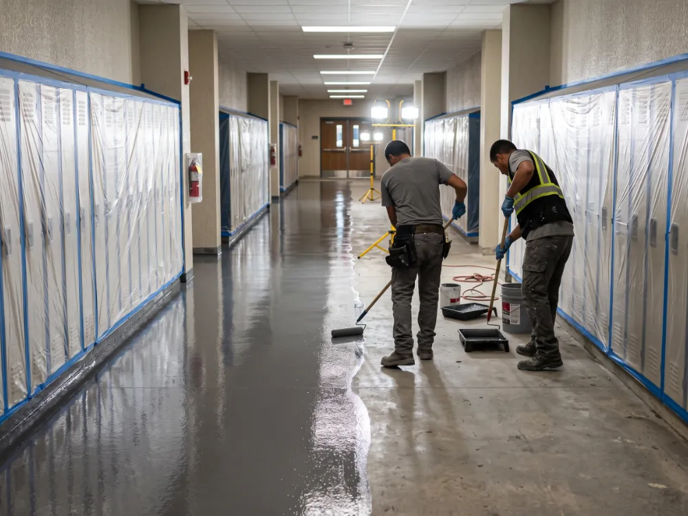 Technicians coating a school hallway floor during summer break