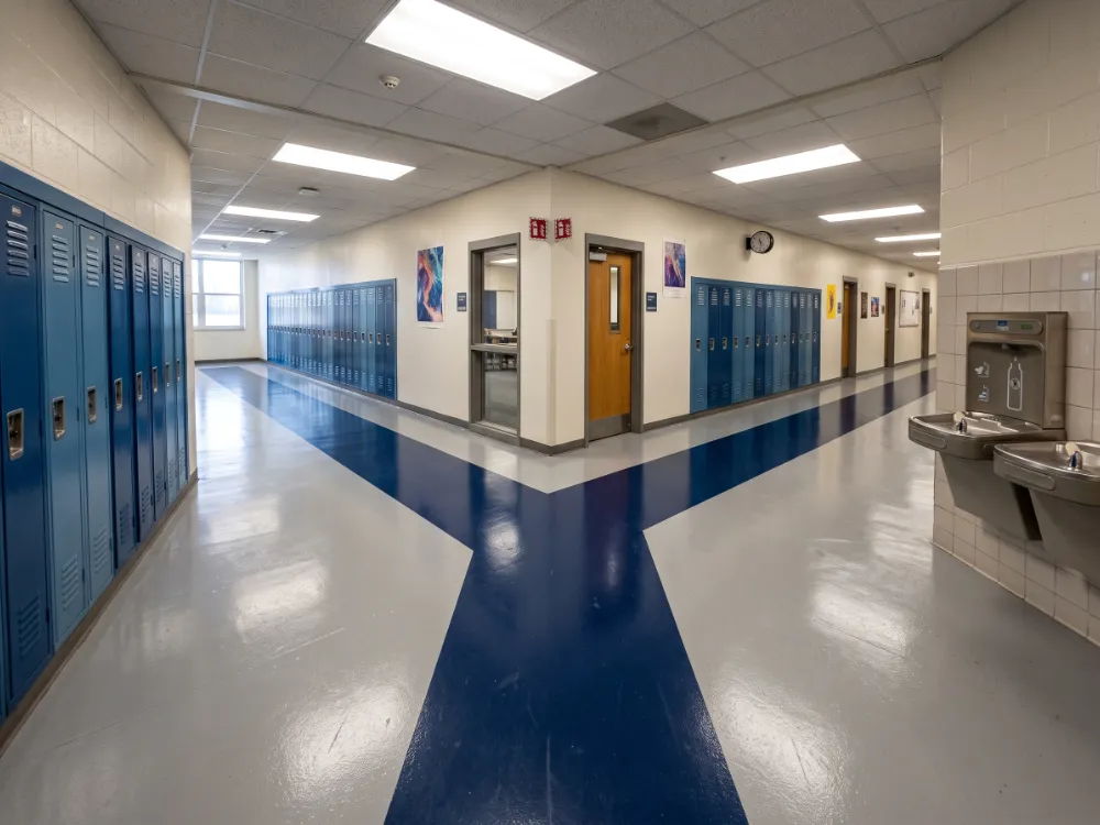 School hallway with a navy walkway stripe coated into a gray epoxy floor