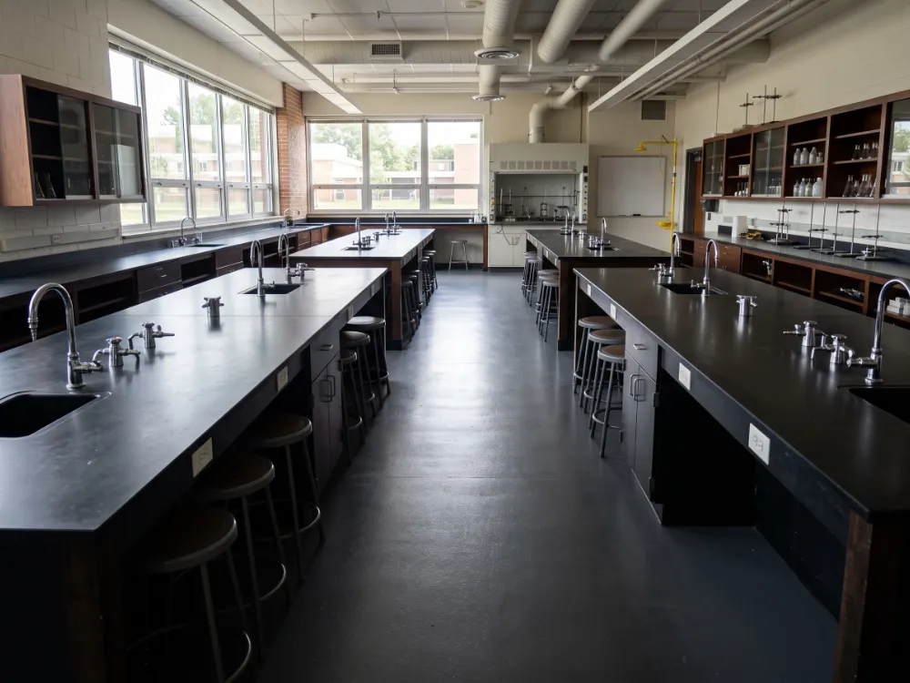 School science lab with a dark gray chemical-resistant epoxy floor