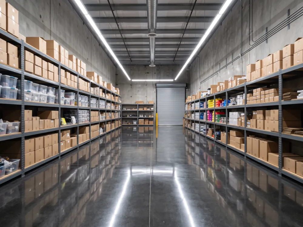 Retail stockroom with a glossy clear-sealed concrete floor reflecting strip lights