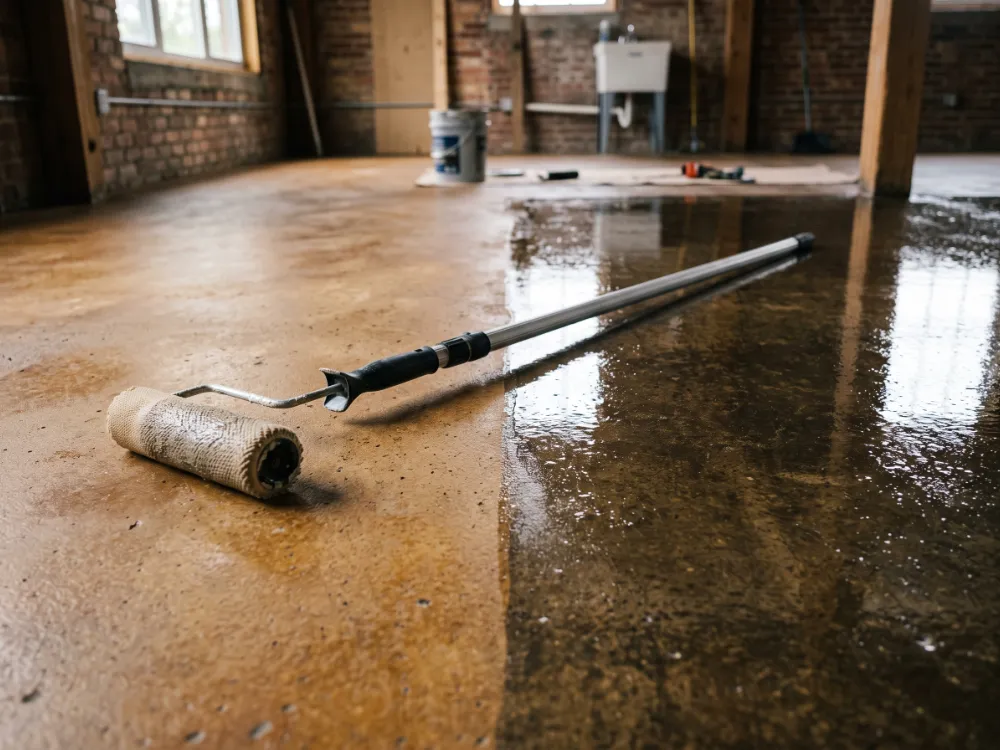 Roller on a pole resting on a stained amber floor between glossy sealed and matte halves