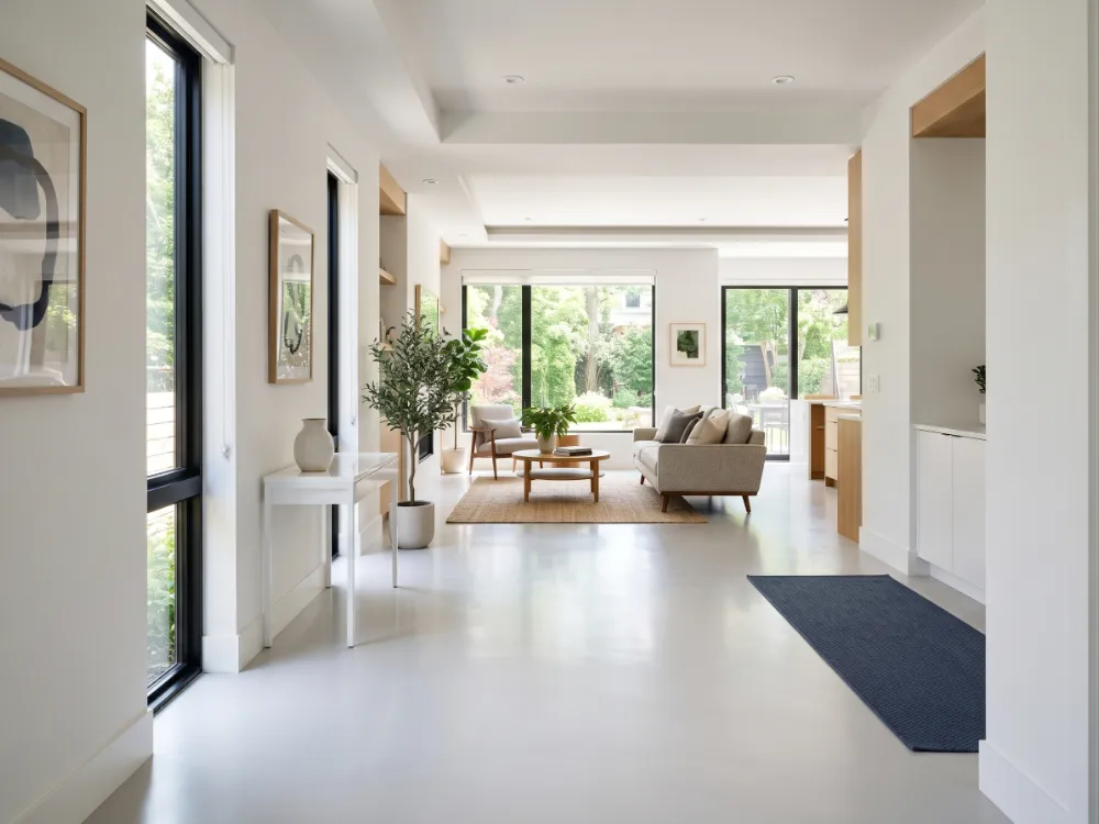 Bright hallway opening into a living room with one continuous seamless pale epoxy floor