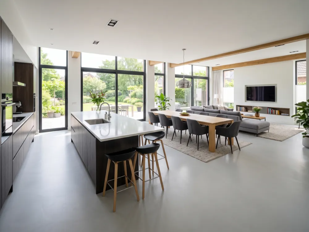One seamless pale gray epoxy floor flowing from kitchen island through dining to living room