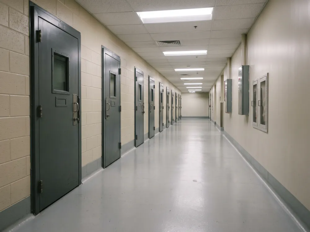 Secure corridor with a seamless light-gray epoxy floor and coved edges
