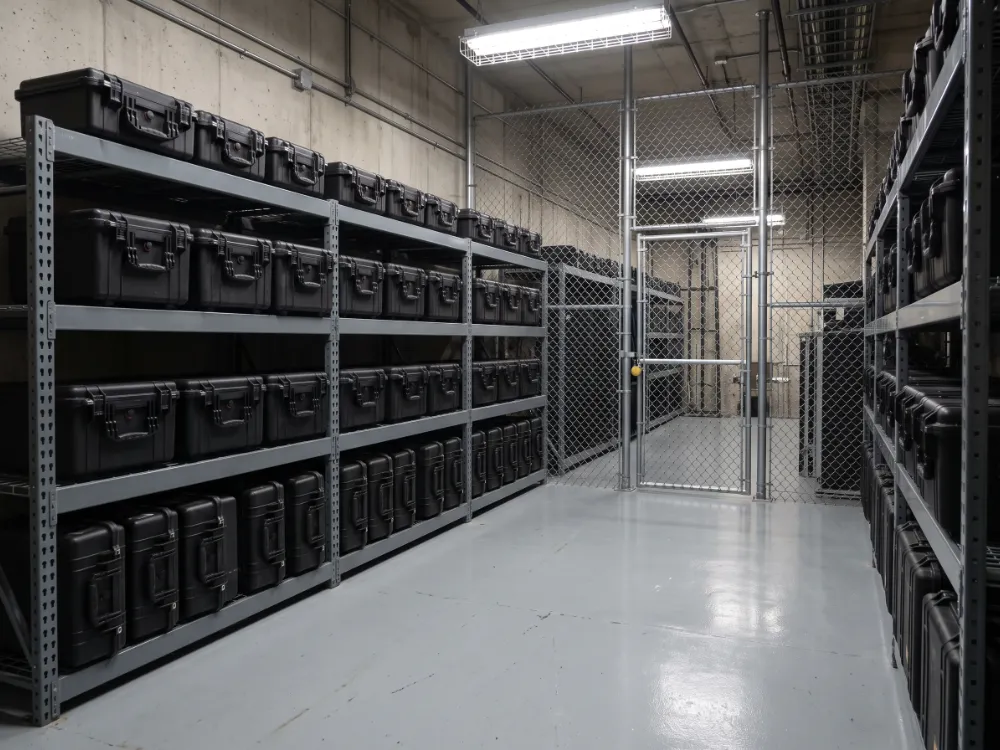 Secure equipment storage room with a sealed epoxy floor and caged racks