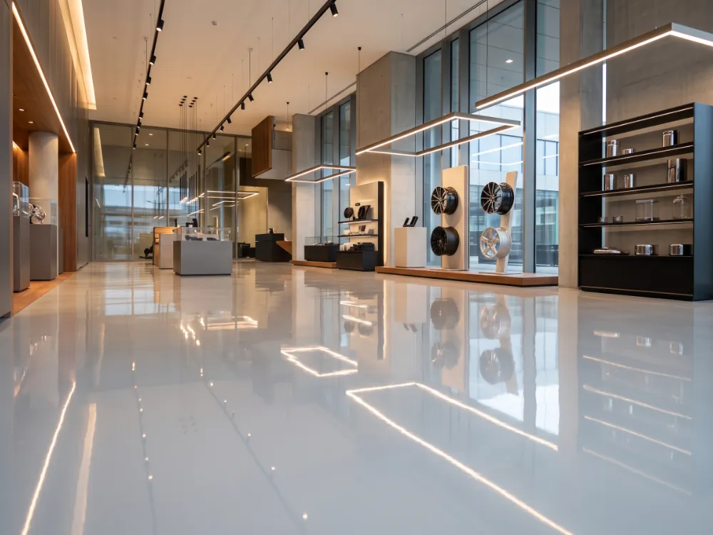 Commercial showroom with a seamless mirror-gloss light gray self-leveling epoxy floor