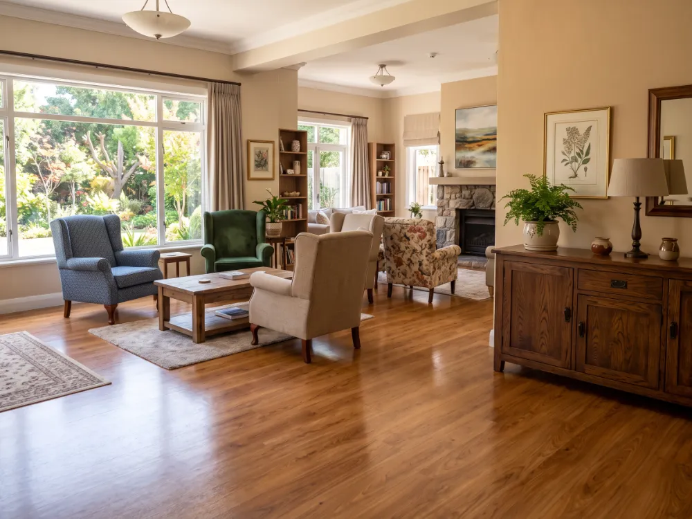 Senior care common room with a warm oak-toned satin epoxy floor