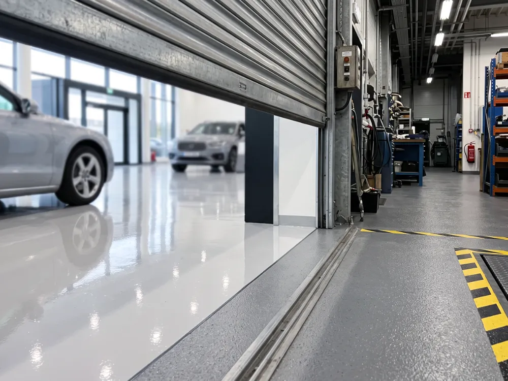 Transition between a glossy showroom floor and textured service corridor epoxy