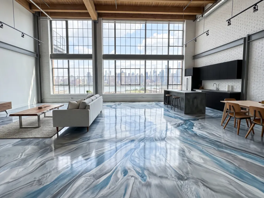 Bright loft with a silver and ice-blue marbleized metallic epoxy floor