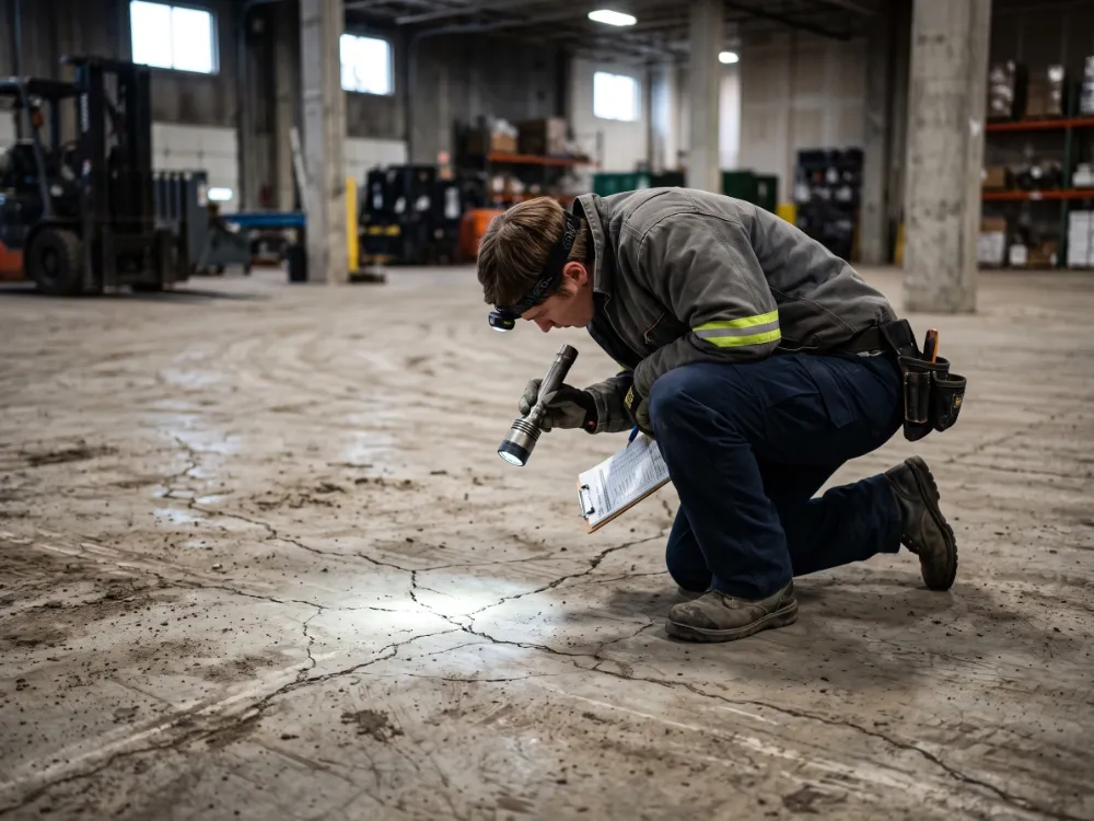 Installer crouched examining crack patterns on a concrete slab with a flashlight