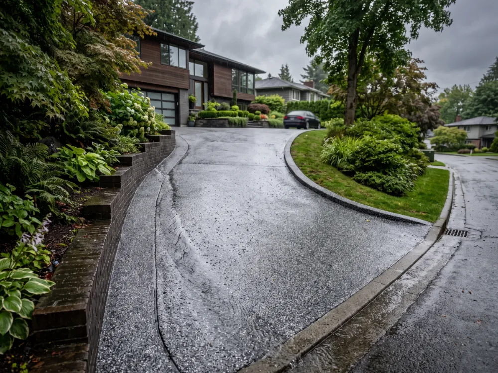 Sloped residential driveway with a textured slip-resistant flake coating after rain
