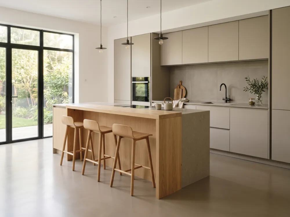 Minimalist kitchen with a seamless warm greige solid epoxy floor and satin sheen