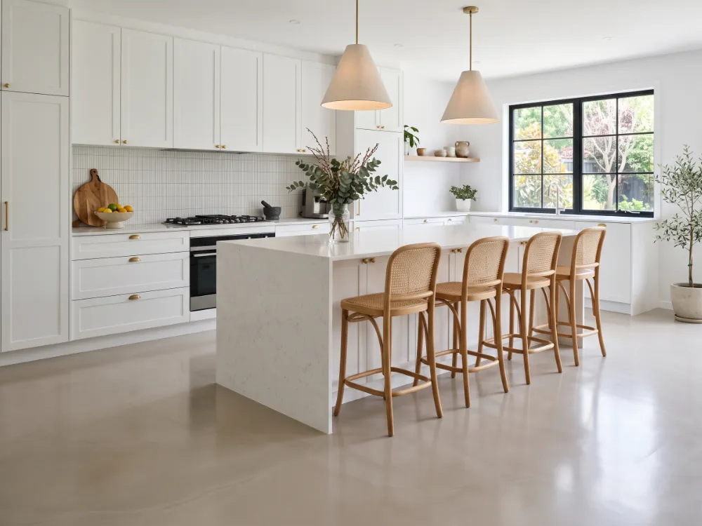 Modern kitchen with a seamless pale warm-gray solid epoxy floor and satin sheen