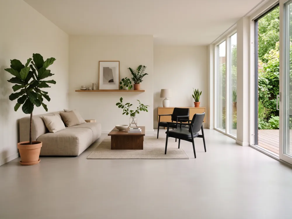 Minimalist living room with a seamless satin warm-gray solid epoxy floor and indoor plants