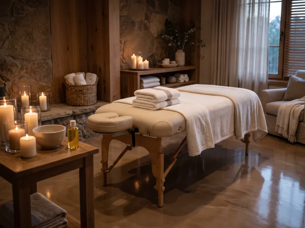 Spa treatment room with a warm taupe satin epoxy floor