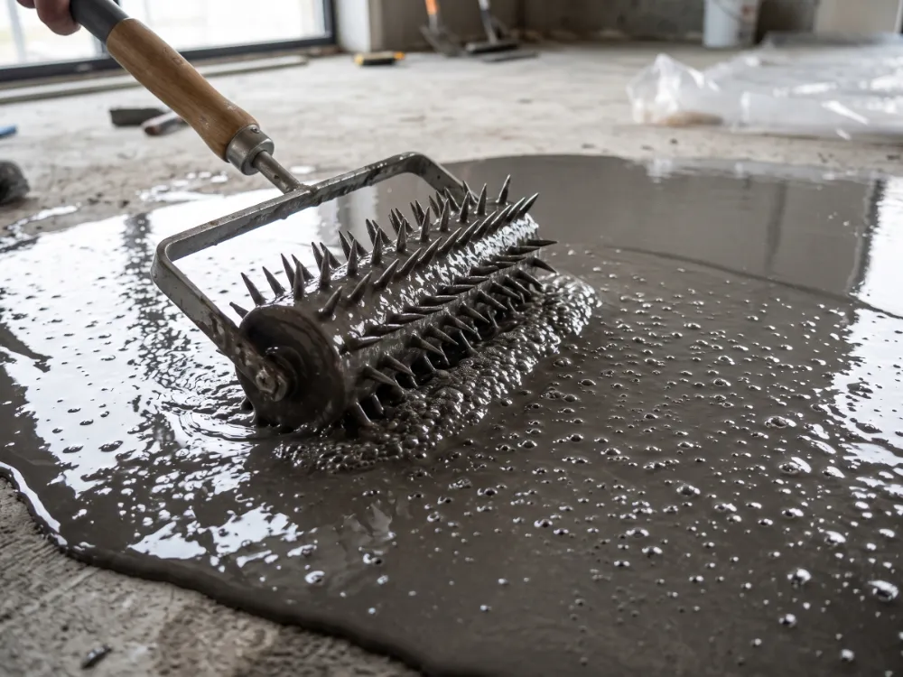 Spiked roller passing through freshly poured self-leveling epoxy releasing air bubbles