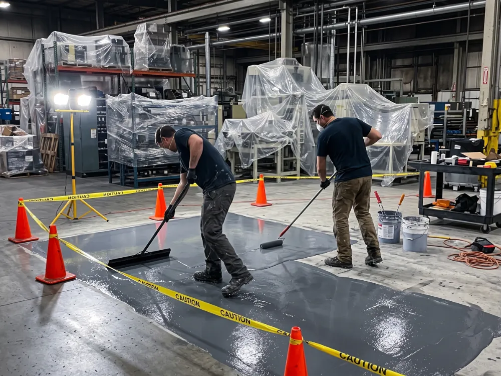 Technicians coating a cordoned factory floor section with machinery sheeted