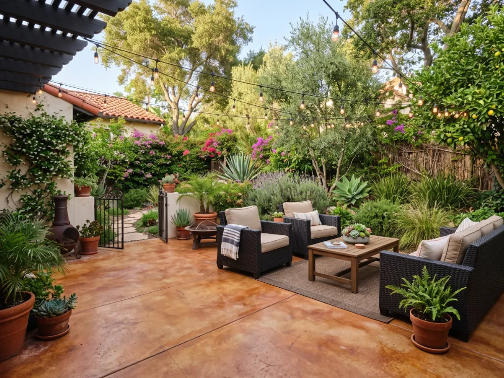 Backyard patio with warm terracotta stained concrete under a satin sealer and string lights
